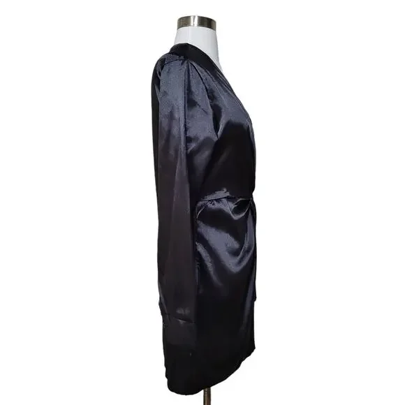 Satin Black Faux Wrap Front Plunge Mini Dress V Neck Twist Size Medium - Picture 4 of 8